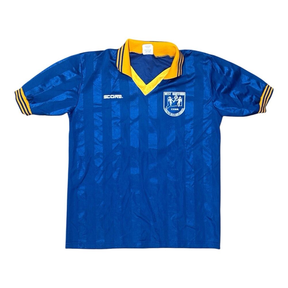 Vintage 80s Score Soccer Jersey Blue Gold Hartford Connecticut Size L USA Retro